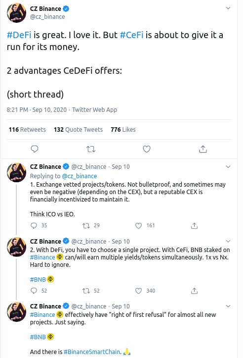 Mensaje de Changpeng Zhao sobre CeDeFi en Twitter