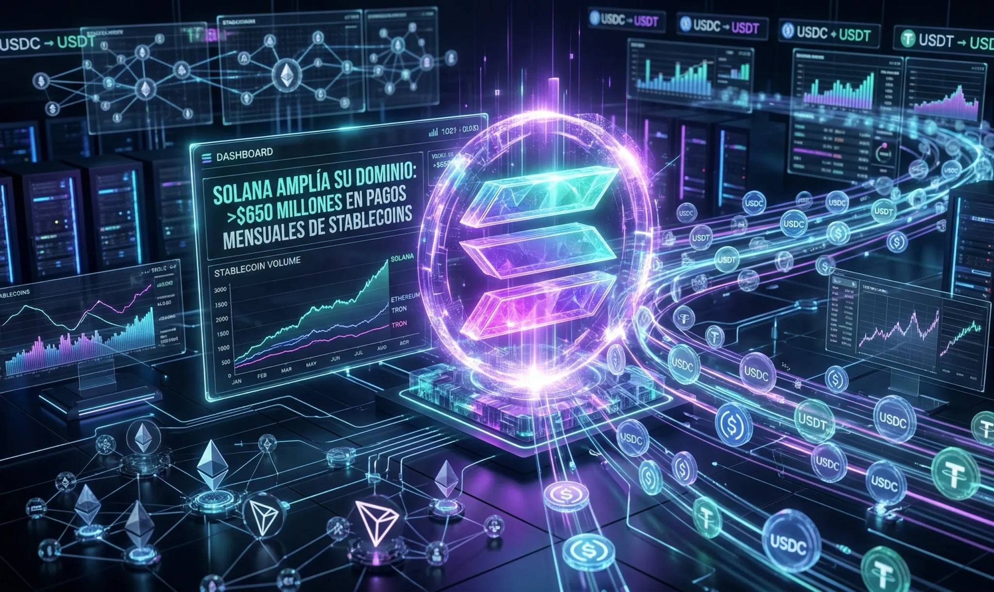 Solana mueve 650.000 millones de dólares en stablecoins en un mes
