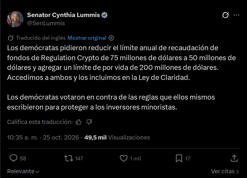 Post de la Senadora Lummis en X