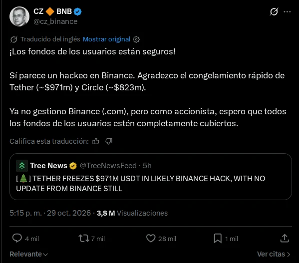 CZ advierte en X de un hackeo en Binance