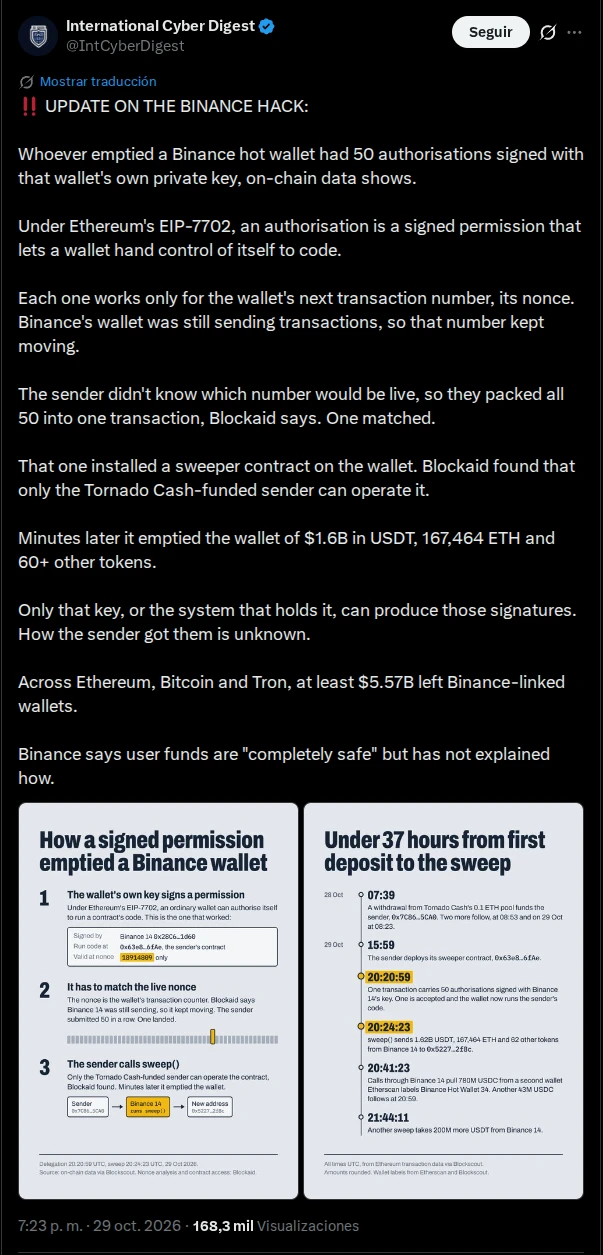 ICD habla sobre el hackeo a Binance en su cuenta de X