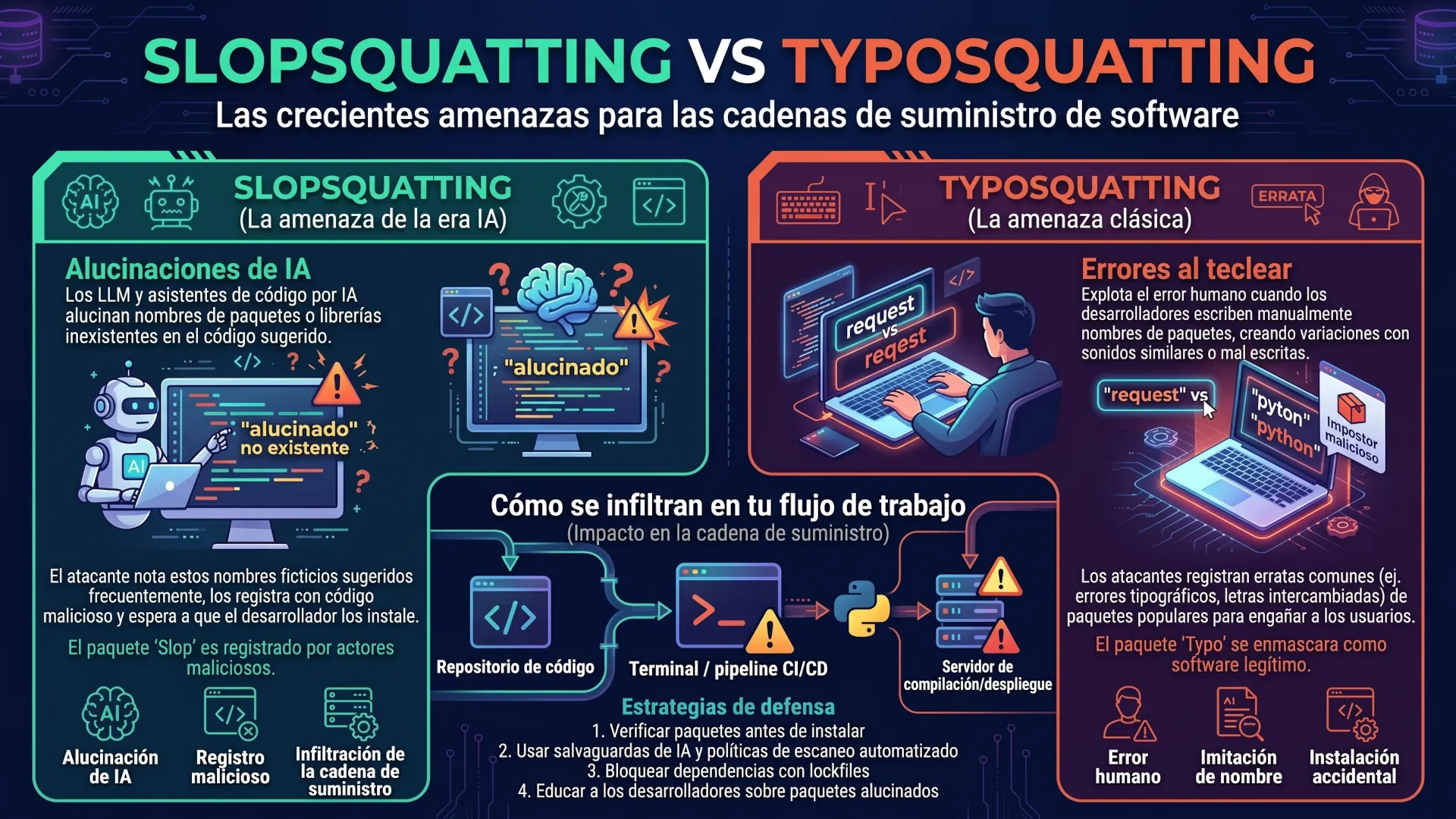 Infografía de como funciona y afecta el slopsquatting