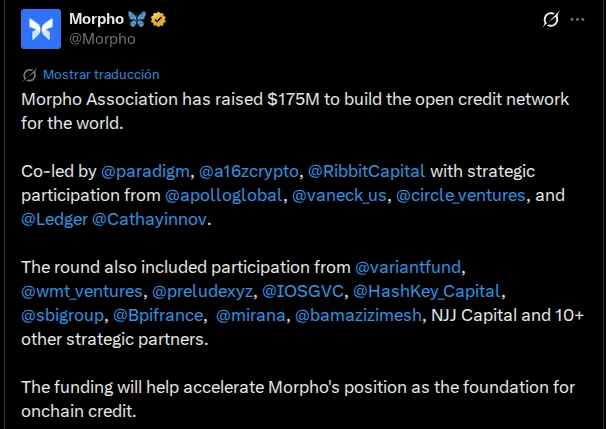 Anuncio de la ronda por parte de Morpho en su cuenta de X