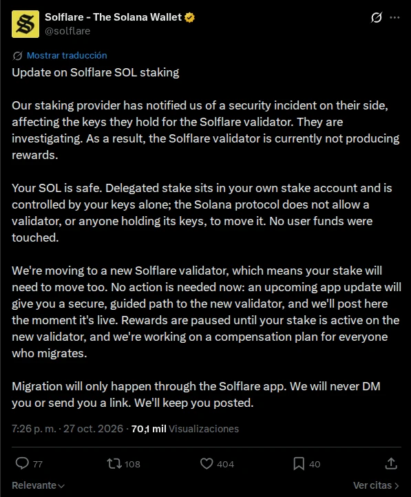 Solflare informa en su cuenta de X del evento