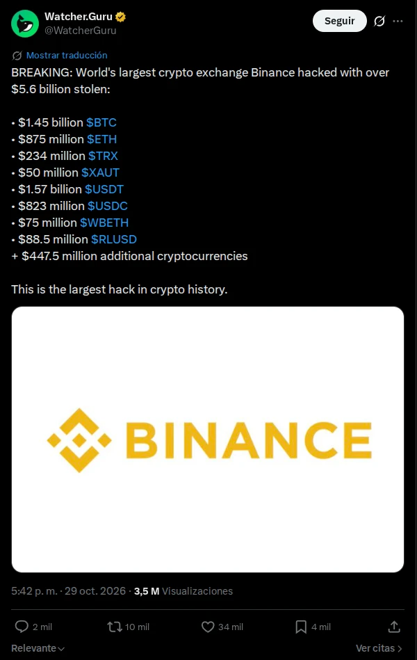 Watcher.Guru habla del hackeo a Binance y da cantidades